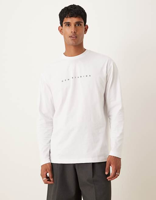 ASOS DESIGN relaxed long sleeve t-shirt with chest print in white
