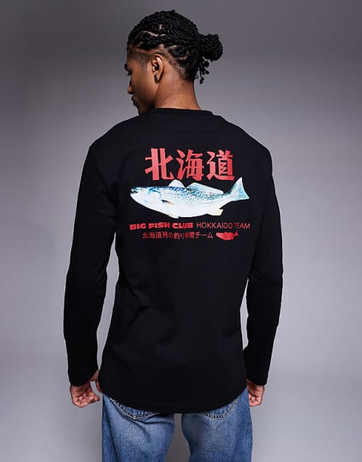 ASOS DESIGN relaxed long sleeve t-shirt with fish graphic in black