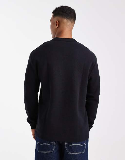 ASOS DESIGN Relaxed Long Sleeve T-shirt With Henley Neck In Black Waffle