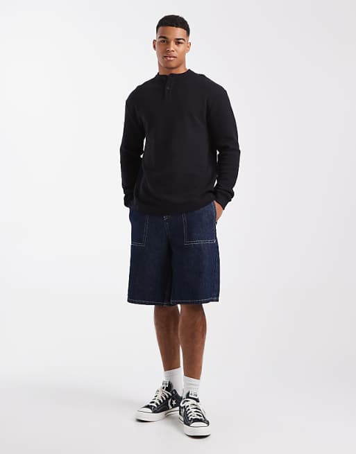 ASOS DESIGN Relaxed Long Sleeve T-shirt With Henley Neck In Black Waffle