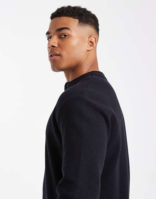 ASOS DESIGN Relaxed Long Sleeve T-shirt With Henley Neck In Black Waffle