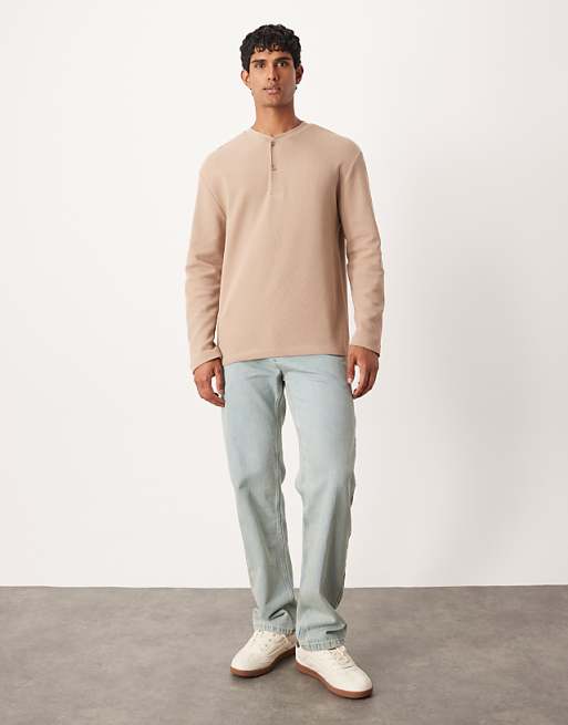 ASOS DESIGN Relaxed Long Sleeve T-shirt With Henley Neck In Beige Waffle