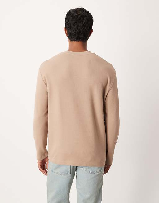ASOS DESIGN Relaxed Long Sleeve T-shirt With Henley Neck In Beige Waffle