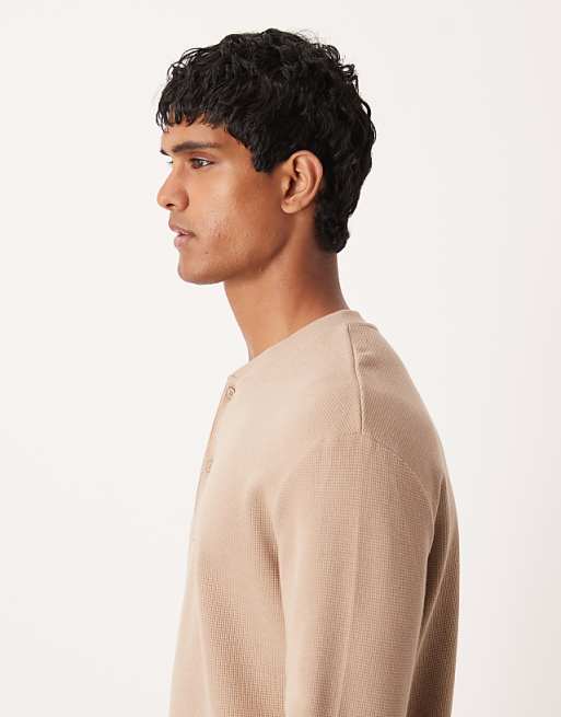 ASOS DESIGN Relaxed Long Sleeve T-shirt With Henley Neck In Beige Waffle