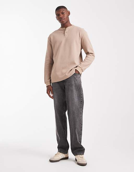ASOS DESIGN Relaxed Long Sleeve T-shirt With Henley Neck In Brown Waffle