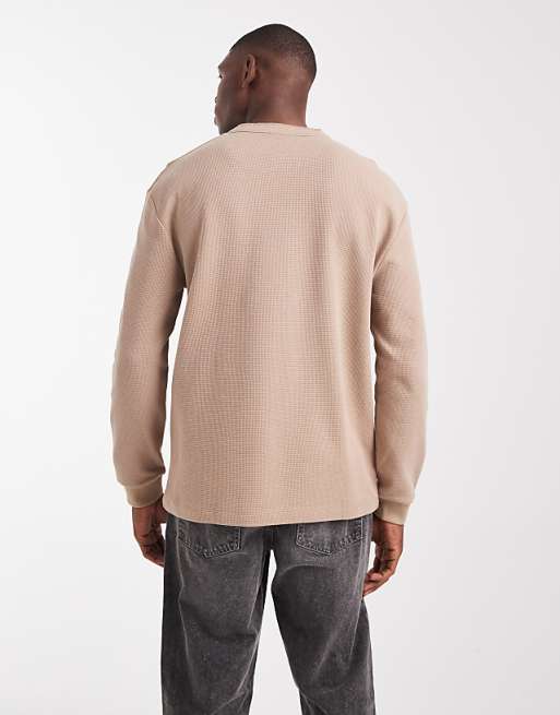 ASOS DESIGN Relaxed Long Sleeve T-shirt With Henley Neck In Brown Waffle