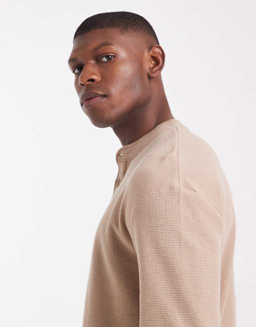 ASOS DESIGN Relaxed Long Sleeve T-shirt With Henley Neck In Brown Waffle