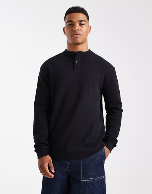 ASOS DESIGN relaxed long sleeve t-shirt with henley neck in black waffle