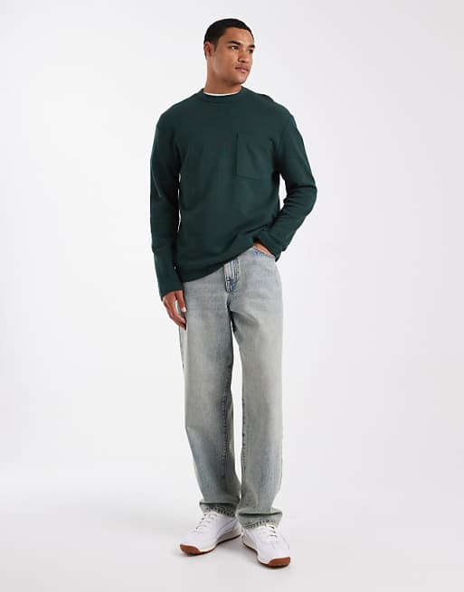 ASOS DESIGN Relaxed Long Sleeve T-shirt With Pocket In Green Waffle