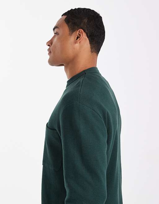 ASOS DESIGN Relaxed Long Sleeve T-shirt With Pocket In Green Waffle