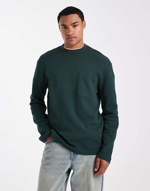 ASOS DESIGN relaxed long sleeve t-shirt with pocket in green waffle