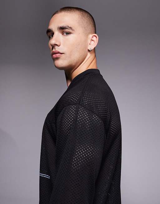 ASOS DESIGN Relaxed Long Sleeve T-shirt With Sports Graphic In Washed Black Airtex