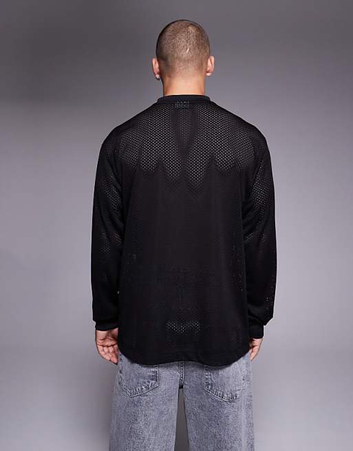 ASOS DESIGN Relaxed Long Sleeve T-shirt With Sports Graphic In Washed Black Airtex