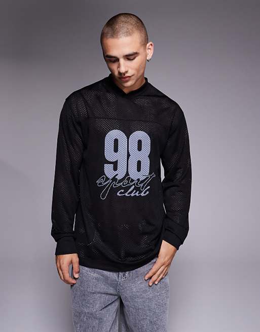 ASOS DESIGN relaxed long sleeve t-shirt with sports graphic in washed black airtex
