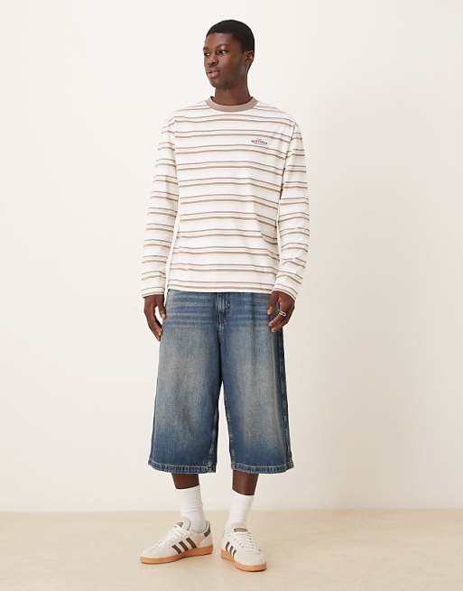 ASOS DESIGN Relaxed Long Sleeve T-shirt With Text Graphic In Beige And White Stripe
