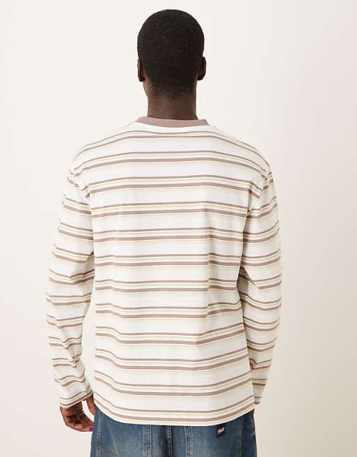 ASOS DESIGN Relaxed Long Sleeve T-shirt With Text Graphic In Beige And White Stripe