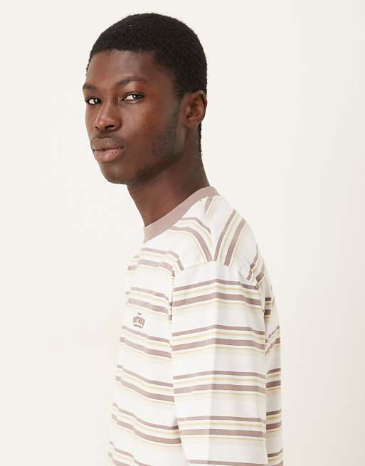 ASOS DESIGN Relaxed Long Sleeve T-shirt With Text Graphic In Beige And White Stripe