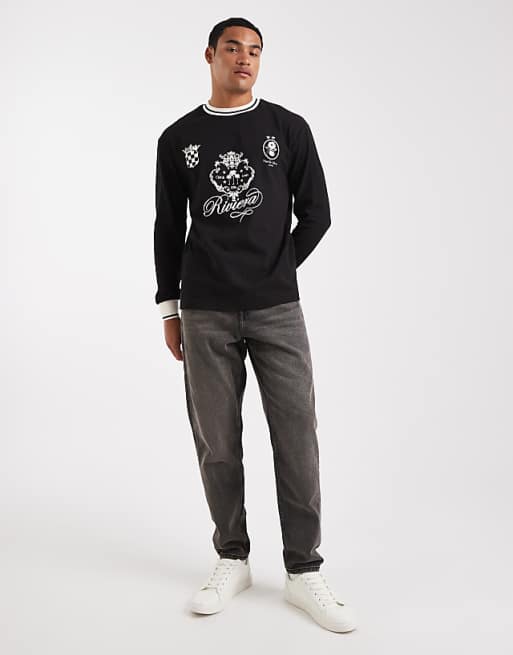 ASOS DESIGN Relaxed Long Sleeve T-shirt With Tipping Detail And Sports Graphic In Black