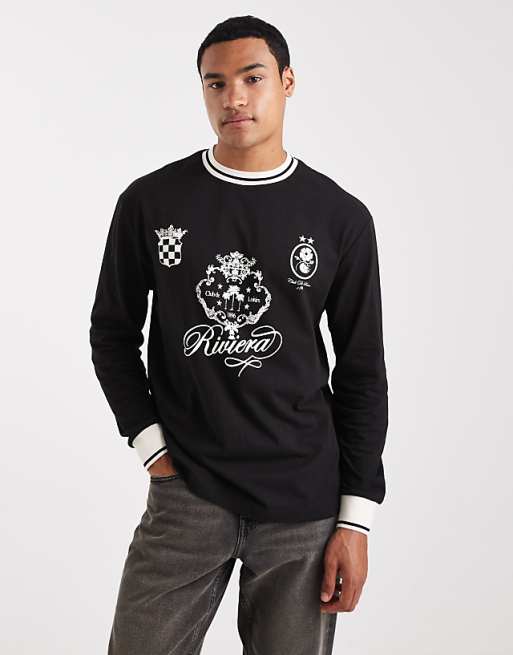 ASOS DESIGN relaxed long sleeve t-shirt with tipping detail and sports graphic in black