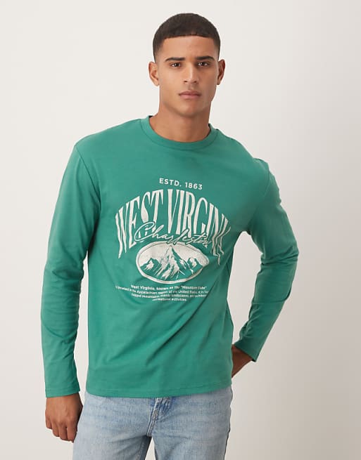 ASOS DESIGN relaxed long sleeve t-shirt with varsity graphic in green
