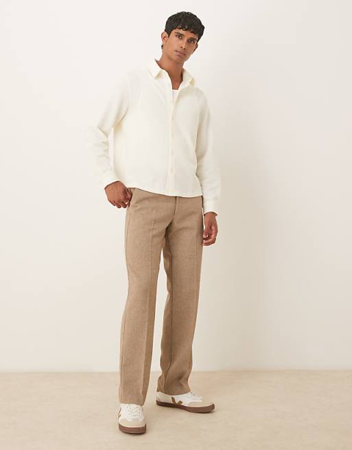 ASOS DESIGN Relaxed Long Sleeve Textured Shirt In Beige