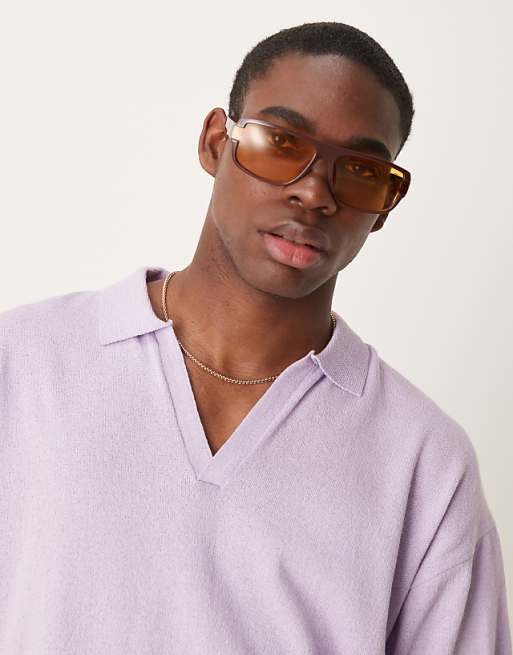 ASOS DESIGN Relaxed Notch Neck Knitted Polo In Lilac