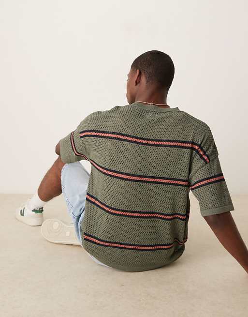 ASOS DESIGN Relaxed Open Knitted Stripe T-shirt In Green