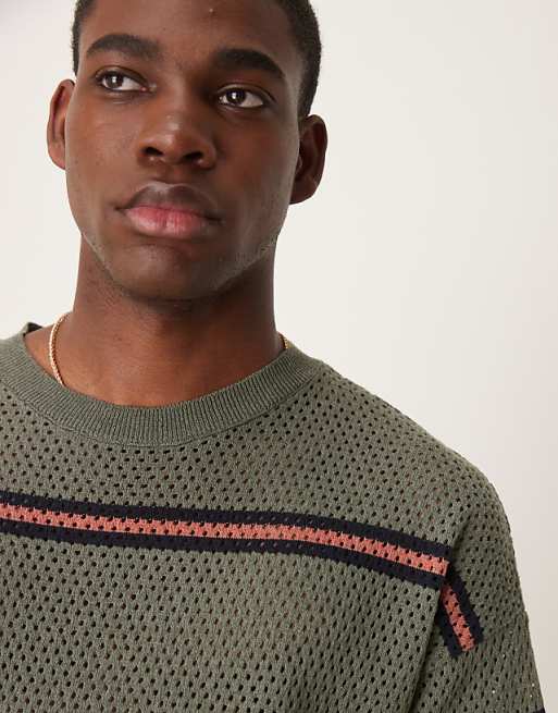 ASOS DESIGN Relaxed Open Knitted Stripe T-shirt In Green