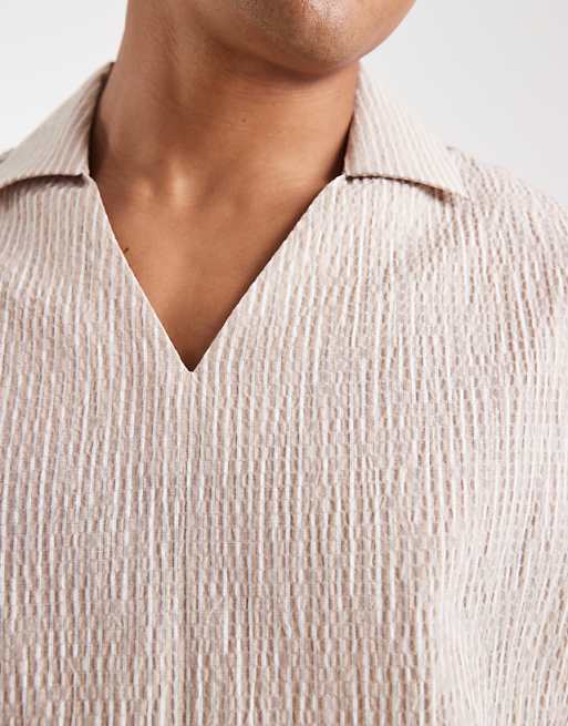 ASOS DESIGN Relaxed Overhead Seersucker Shirt In Beige Stripe