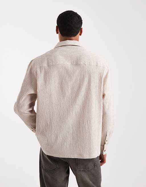 ASOS DESIGN Relaxed Overhead Seersucker Shirt In Beige Stripe