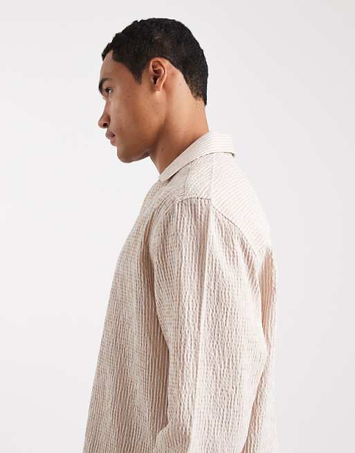 ASOS DESIGN Relaxed Overhead Seersucker Shirt In Beige Stripe