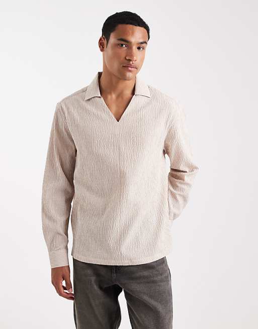 ASOS DESIGN relaxed overhead seersucker shirt in beige stripe