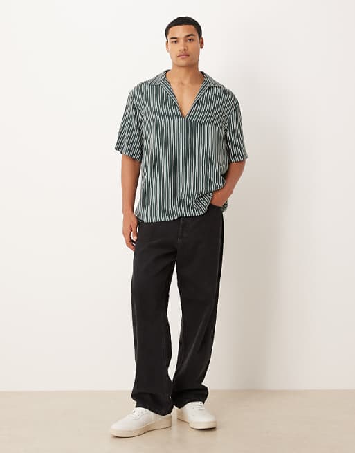 ASOS DESIGN Relaxed Overhead Shirt In Dark Green Stripe