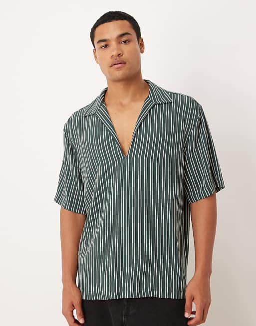 ASOS DESIGN relaxed overhead shirt in dark green stripe