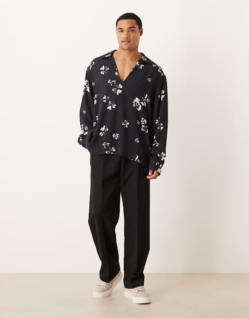 ASOS DESIGN Relaxed Overhead Shirt With Floral Print In Black