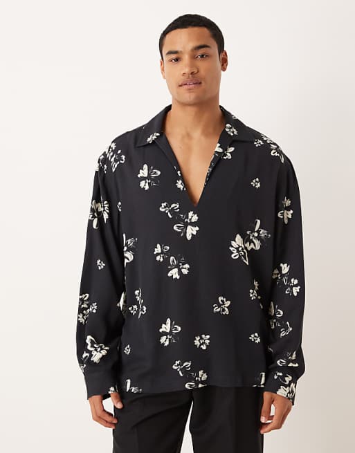 ASOS DESIGN relaxed overhead shirt with floral print in black