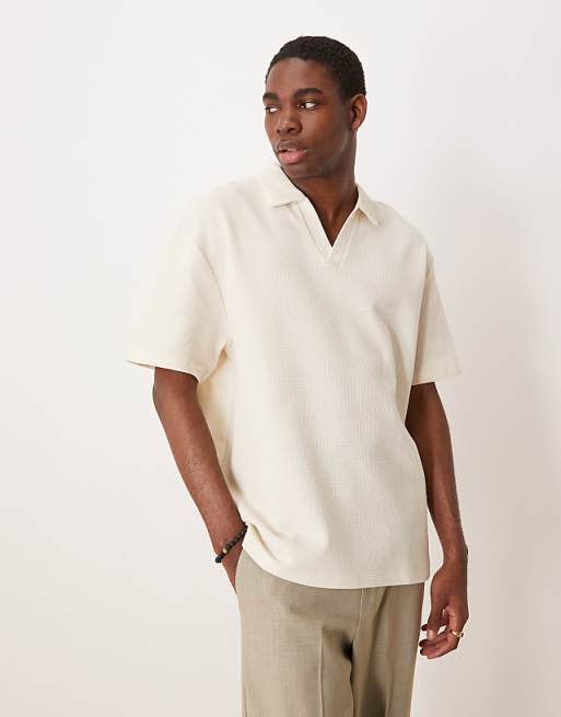 ASOS DESIGN relaxed polo in cream waffle