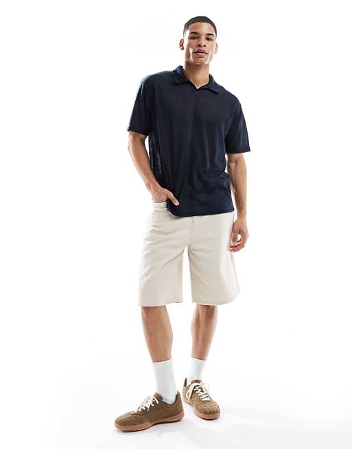 ASOS DESIGN Relaxed Polo In Navy Linen Look
