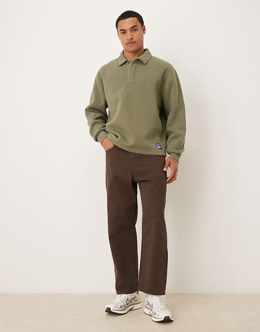 ASOS DESIGN Relaxed Polo Sweatshirt With Woven Label Badge In Khaki