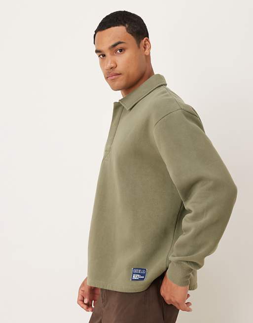 ASOS DESIGN Relaxed Polo Sweatshirt With Woven Label Badge In Khaki
