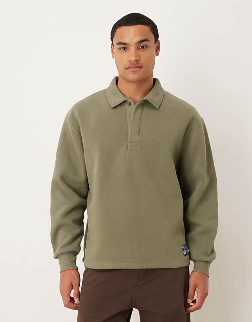 ASOS DESIGN relaxed polo sweatshirt with woven label badge in khaki