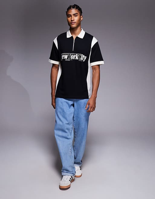 ASOS DESIGN Relaxed Polo With City Graphic In Black With Panelling