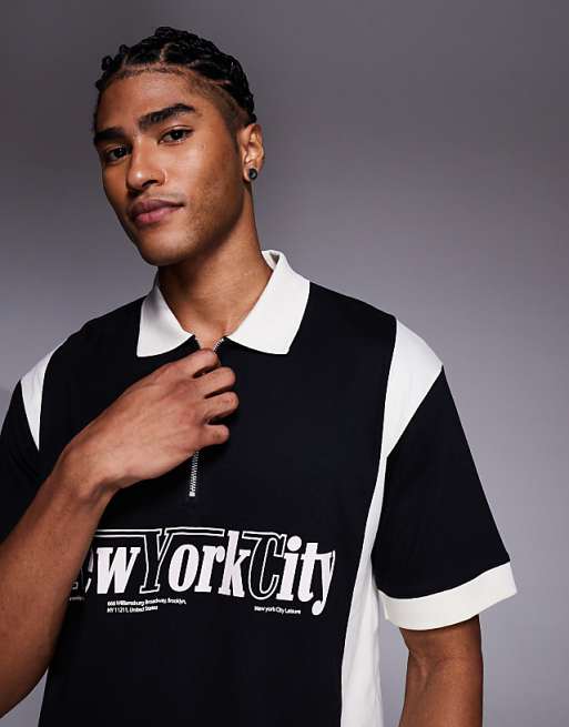 ASOS DESIGN Relaxed Polo With City Graphic In Black With Panelling
