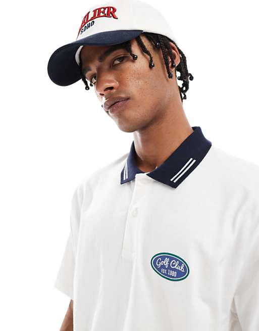 ASOS DESIGN relaxed polo with front golf graphic in white