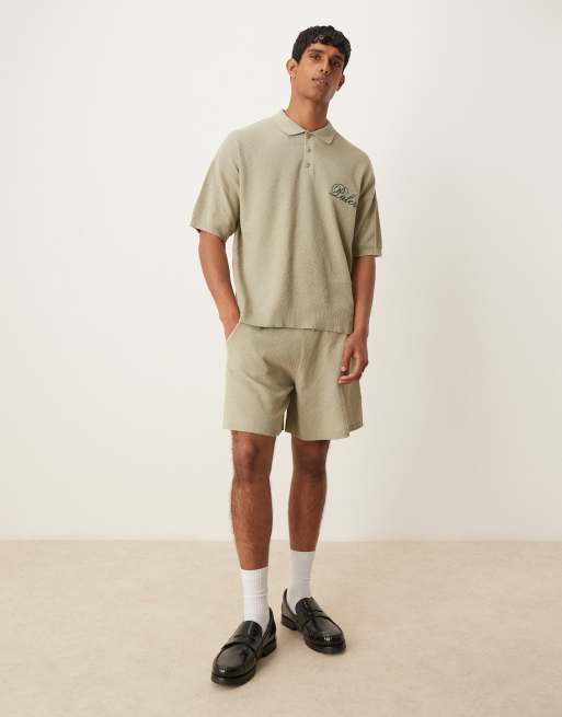 ASOS DESIGN Relaxed Polo With Palermo Embroidery And Shorts Co-ord In Sage Green