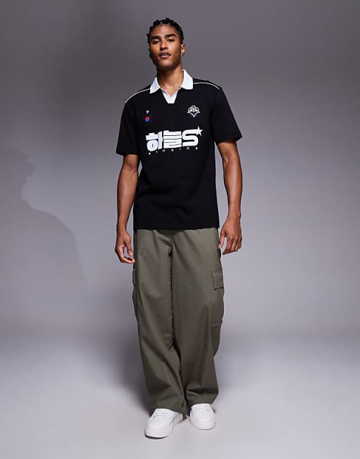 ASOS DESIGN Relaxed Polo With Piping Detail And Sports Graphic In Black