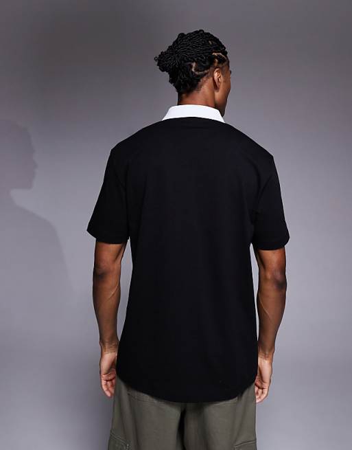 ASOS DESIGN Relaxed Polo With Piping Detail And Sports Graphic In Black