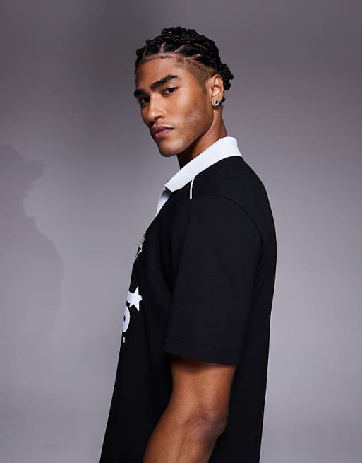 ASOS DESIGN Relaxed Polo With Piping Detail And Sports Graphic In Black