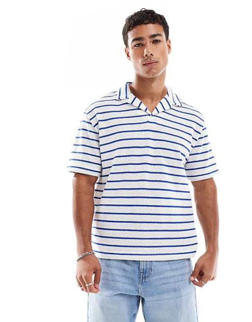 ASOS DESIGN Relaxed Polo With Revere Collar In Textured Blue And White Stripe