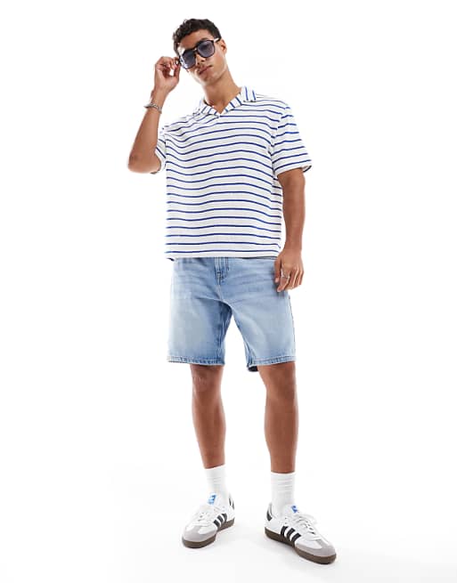 ASOS DESIGN Relaxed Polo With Revere Collar In Textured Blue And White Stripe